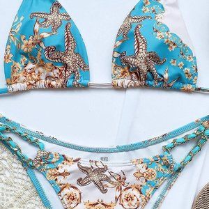 Starfish & Baroque Print Triangle Halter Bikini